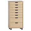 Benzara BM215640 8 Drawers Wooden Storage Cart with Casters and Cut Out Pulls, Natural Brown