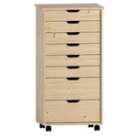 Benzara BM215640 8 Drawers Wooden Storage Cart with Casters and Cut Out Pulls, Natural Brown