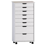 Benzara BM215642 8 Drawers Wooden Storage Cart with Casters and Cut Out Pulls, White