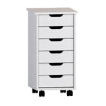 Benzara BM215673 6 Drawer Rolling Storage Cart with Cut Out Pulls, White Wash
