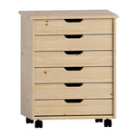 Benzara BM215674 Rolling Storage Cart with Cut Out Pulls and 6 Drawers, Natural Brown