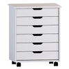 Benzara BM215676 Rolling Storage Cart with Cut Out Pulls and 6 Drawers, White Wash