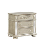 Benzara BM215813 3 Drawers Nightstand with Ornate Carving and USB Ports, Silver