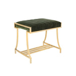 Benzara BM215835 Channel Tufted Fabric Vanity Stool with Metal Legs, Green and Gold