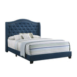 Benzara BM215890 Fabric Upholstered Wooden Demi Wing Full Bed with Camelback Headboard, Blue