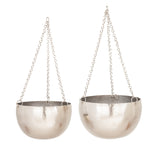 Benzara BM216472 Bowl Shape Metal Hanging Planters with Chains, Set of 2, Silver