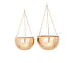 Benzara BM216473 Bowl Shape Metal Hanging Planters with Chains, Set of 2, Gold