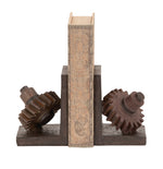 Benzara BM216503 Industrial Polystone Bookend with Leaning Gear, Pair of 2, Brown