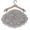 Benzara BM216512 Farmhouse Carved LAUNDRY ROOM Metal Wall Decor with Wooden Hanger, Gray