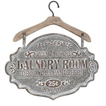 Benzara BM216512 Farmhouse Carved LAUNDRY ROOM Metal Wall Decor with Wooden Hanger, Gray