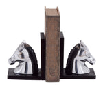 Benzara BM216522 L Shaped Design Aluminum Horse Bookends, Silver and Black