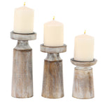 Benzara BM216533 Wooden Round Candle Holder with Pedestal Stand, Set of 3, Distressed Brown