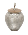Benzara BM216542 Pot Bellied Shape Metal Jar with Wooden Lid and Hammered Detail, Silver