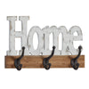 Benzara BM216543 Carved HOME Wall Hanger with 3 Metal Hooks, Distressed White and Black