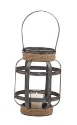Benzara BM216557 Industrial Metal Cage Lantern with Rope Encased Round Top and Bottom, Gray