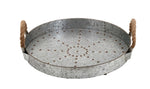Benzara BM216569 Round Shape Metal Tray Top with Rope Handles, Galvanized Gray
