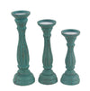 Benzara BM216594 Wooden Pedestal Candle Holder with Carved Details, Set of 3, Blue