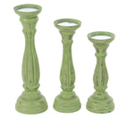 Benzara BM216595 Wooden Pedestal Candle Holder with Carved Details, Set of 3, Green