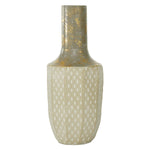 Benzara BM216637 Narrow Mouth Geometric Design Vase with Distressed Details,Bronze and White