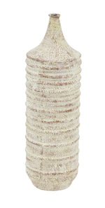 Benzara BM216638 Cylindrical Metal Vase with Horizontally Fluted Body, Weathered White