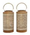 Benzara BM216647 Cylindrical Wooden Lantern with Geometrically Carved Body, Set of 2, Brown