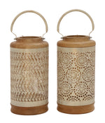 Benzara BM216647 Cylindrical Wooden Lantern with Geometrically Carved Body, Set of 2, Brown