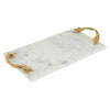 Benzara BM216648 Rectangular Marble Serving Tray with Metal Handles, White and Gold