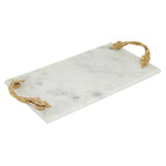 Benzara BM216648 Rectangular Marble Serving Tray with Metal Handles, White and Gold