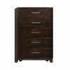 Benzara BM216656 5 Drawer Chest with Metal Trim Base and Chamfered Feet, Brown