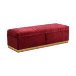 Benzara Lift Top Storage Fabric Bench with Vertical Tufted Channels, Red and Gold