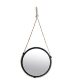 Benzara BM216826 Metal Encased Round Wall Mirror with Braided Rope, Large, Black and White