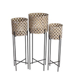 Benzara BM216835 Lattice Design Round Planter with Metal Base, Beige and Black