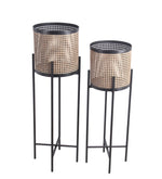 Benzara BM216836 Lattice Round Metal Planter with Tubular Base, Set of 2, Gold and Black