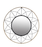 Benzara BM216850 Round Dual Metal Encased Wall Mirror with Geometric Design, Black and Beige