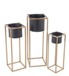 Benzara BM216865 Round Metal Planters with Tubular Frame, Set of 3, Gold and Black