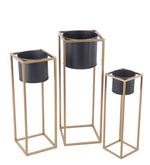 Benzara BM216865 Round Metal Planters with Tubular Frame, Set of 3, Gold and Black