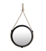 Benzara BM216871 Metal Encased Round Wall Mirror with Braided Rope, Small, Black and White