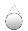 Benzara BM216906 Round Wooden Frame Wall Mirror with Leather Hanger, Black and Brown