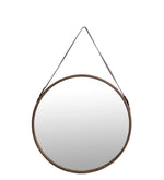 Benzara BM216906 Round Wooden Frame Wall Mirror with Leather Hanger, Black and Brown