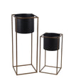 Benzara BM216908 Metal Round Planter with Square Shaped Frame, Set of 2, Black and Gold