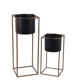 Benzara BM216908 Metal Round Planter with Square Shaped Frame, Set of 2, Black and Gold