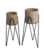 Benzara BM216923 Rattan Weave Design Planter with Metal Hairpin Legs, Set of 2, Brown