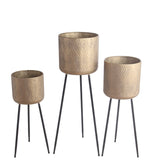 Benzara BM216941 Metal Planter with Tripod Base and Embossed Geometric Pattern,Set of 3,Gold