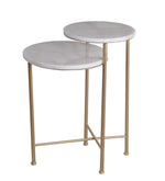 Benzara BM216943 2 Tier Round Marble Top Accent Table with Tubular Legs, White and Gold