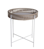 Benzara BM216952 Metal Accent Table with Round Top and Woven Edges, Large, White and Brown