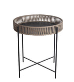 Benzara BM216953 Metal Accent Table with Round Top and Woven Edges, Large, White and Gray