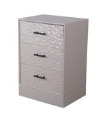 Benzara BM216997 3 Drawer Wooden Accent Stand with Embossed Leaf Texture, Light Gray