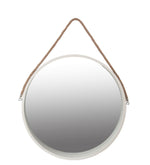 Benzara BM217003 Round Wooden Frame Wall Mirror with Rope Hanger, Small, White and Brown