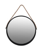 Benzara BM217004 Round Wooden Frame Wall Mirror with Rope Hanger, Small, Black and Brown