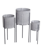 Benzara BM217007 Cylindrical Metal Planter with Corrugated Design, Set of 3, Black and White